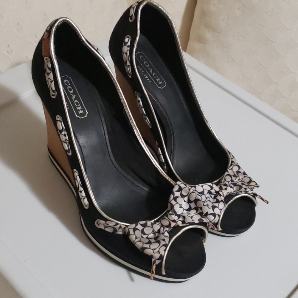 Coach Thalia DMN Logo Peeptoe Wedge - size 8.5